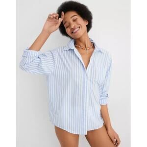 Aerie Womens Long Sleeve Dad Shirt Size Small Oversized Blue White Stripe Cotton